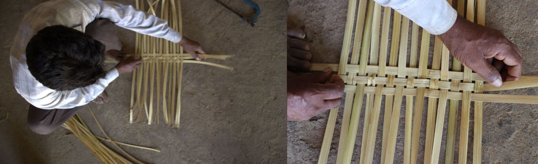 बांबू कारागिरीची मुख्य पट्टी — वरून घेतलेल्या छायाचित्रांत जमिनीवर बसून बांबूच्या पट्ट्या मांडणारा कारागीर आणि त्याच पट्ट्यांची वीण घालणारे हात