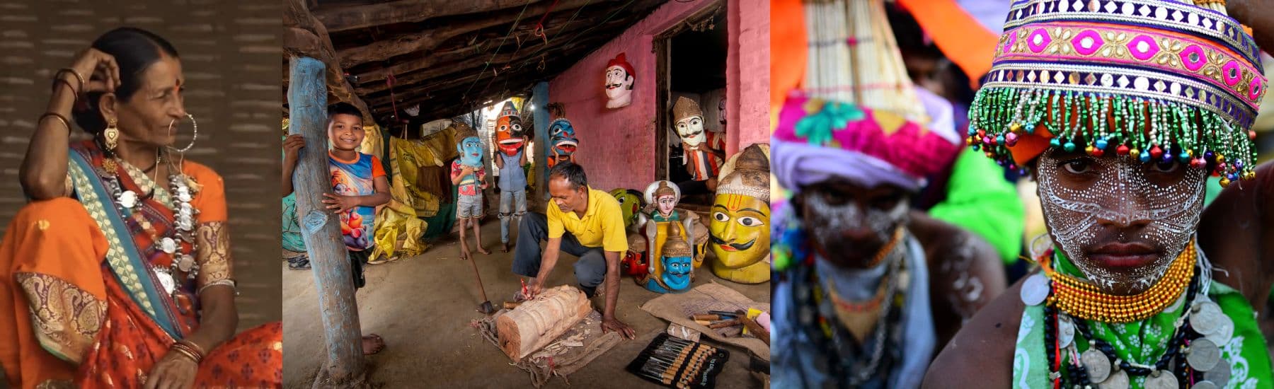 आदिवासी संस्कृतीची मुख्य पट्टी — चांदीचे दागिने घातलेली वृद्ध महिला, गुलाबी घरासमोर रंगवलेल्या मुखवट्यांमध्ये लाकूड कोरणारा कारागीर आणि पांढऱ्या ठिपक्यांची रंगरंगोटी व मण्यांचा मुकुट घातलेला तरुण नर्तक